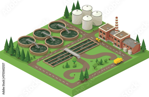Modern wastewater treatment plant, city sewage system infrastructure, isometric environmental facility, water purification station, clean water recycling process