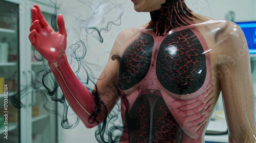 Futuristic medical visualization shows human torso with transparent skin revealing internal organs and smoke.