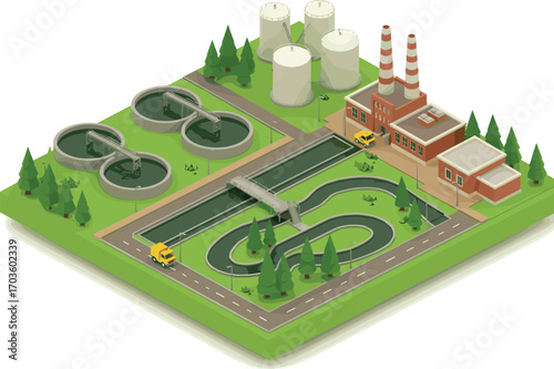 Modern wastewater treatment plant, city sewage system infrastructure, isometric environmental facility, water purification station, clean water recycling process