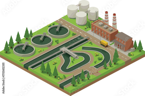 Modern wastewater treatment plant, city sewage system infrastructure, isometric environmental facility, water purification station, clean water recycling process
