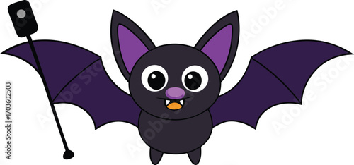 Cute cartoon bat holding selfie stick happy halloween celebration photography fun vector
