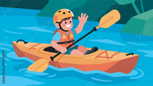 illustration of a boy playing white water rafting vector design template
