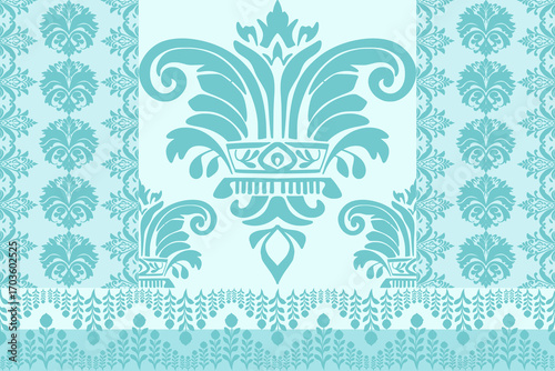 A sophisticated vector background featuring a prominent central damask motif surrounded by a complementary repeating pattern and decorative borders. Rendered in a serene light blue, this design exudes
