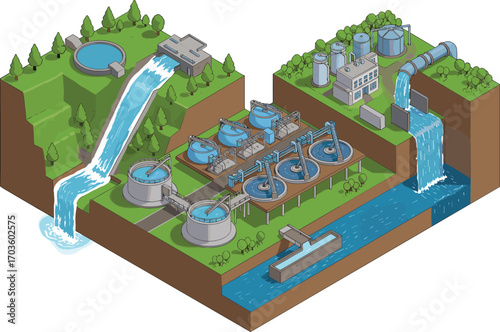 Modern water treatment plant illustration, clean water process, filtration system, industrial wastewater management, environmental engineering, eco-friendly water purification technology