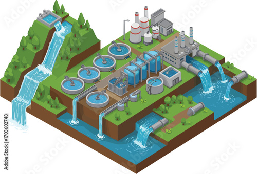 Modern water treatment plant illustration, clean water process, filtration system, industrial wastewater management, environmental engineering, eco-friendly water purification technology
