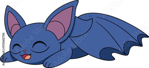 Adorable cartoon blue bat sleeping upside down with closed eyes and a contented expression on its face vector