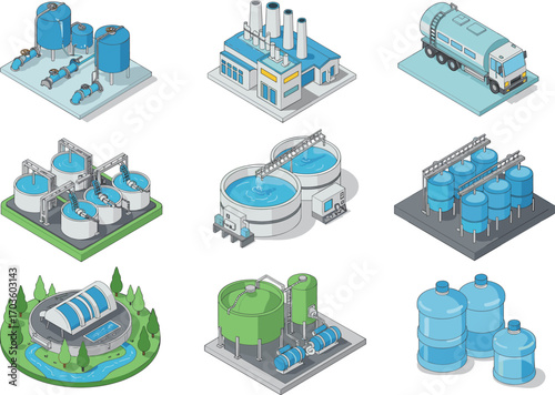 Water treatment plant icons set, industrial purification process, clean water production, environmental infrastructure, filtration system, vector isometric illustration