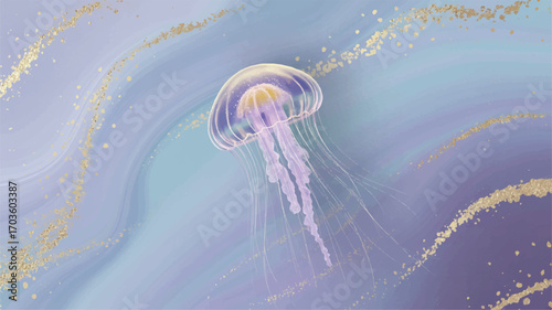Ethereal Jellyfish Floating in a Swirling Blue and Purple Watercolor Background with Gold Glitter sea creature