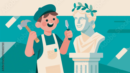 Illustration of a boy who has finished carving a statue vector design template