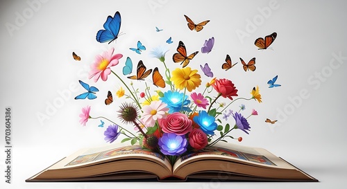Open book with butterflies and flowers