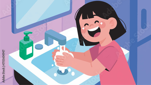 illustration of a girl washing her hands in the sink vector design template