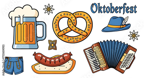 Set of traditional German festival icons with beer, pretzel, sausage, and accordion vector illustration