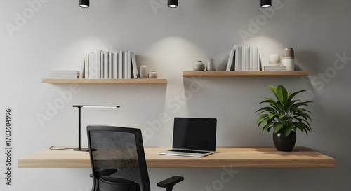 A minimalist home office setup featuring a floating desk with a laptop and a chair, complemented by wall shelves and a window.