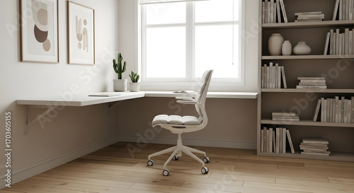 A minimalist home office setup featuring a floating desk with a laptop and a chair, complemented by wall shelves and a window.