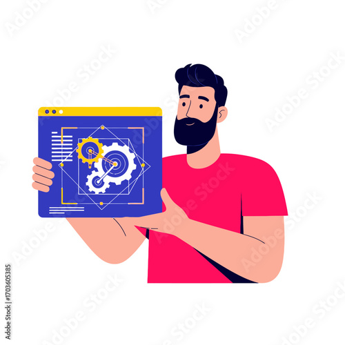 Man holding a tablet with gears and technical drawing
