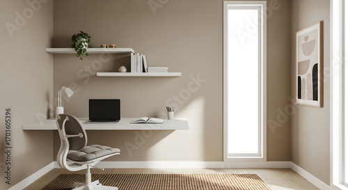 A minimalist home office setup featuring a floating desk with a laptop and a chair, complemented by wall shelves and a window.