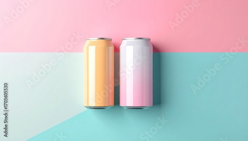 Two Aluminum Soda Cans on Pink and Blue Background Minimalist and Modern Still Life