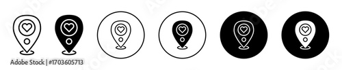 Heart Location Pin Icons in Variations Isolated on White Background