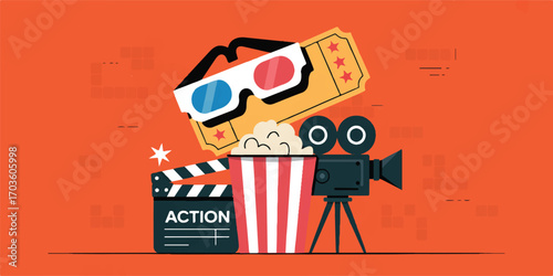 Movie Night Scene with 3D Glasses Popcorn and Clapperboard on Orange Background cinema film