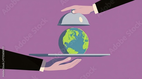 Colorful flat illustration of hands lifting silver bell jar to reveal Earth globe on purple background, minimalist design symbolizing sustainability and global issues