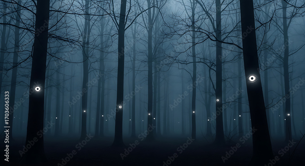 Fototapeta premium Supernatural glowing orbs watch from silhouetted trees in a haunted, misty blue forest for a mysterious fantasy scene