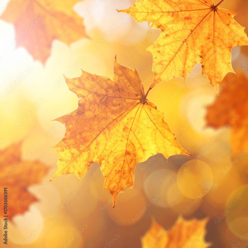 Fototapeta premium Golden Maple Leaves Floating on Bokeh Background in an Autumnal Season
