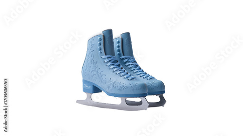 Pair of Light Blue Ice Skates with Intricate Floral Embossing and White Laces figure skates ice skating