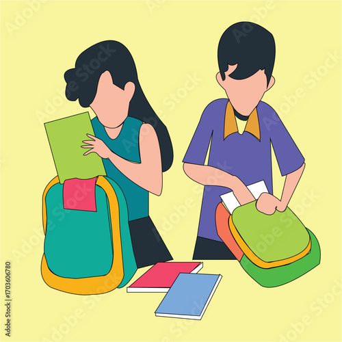 Students packing school bags with textbooks and tablets for modern classroom illustration.