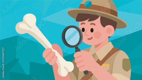 illustration of a child researcher finding bones vector design template