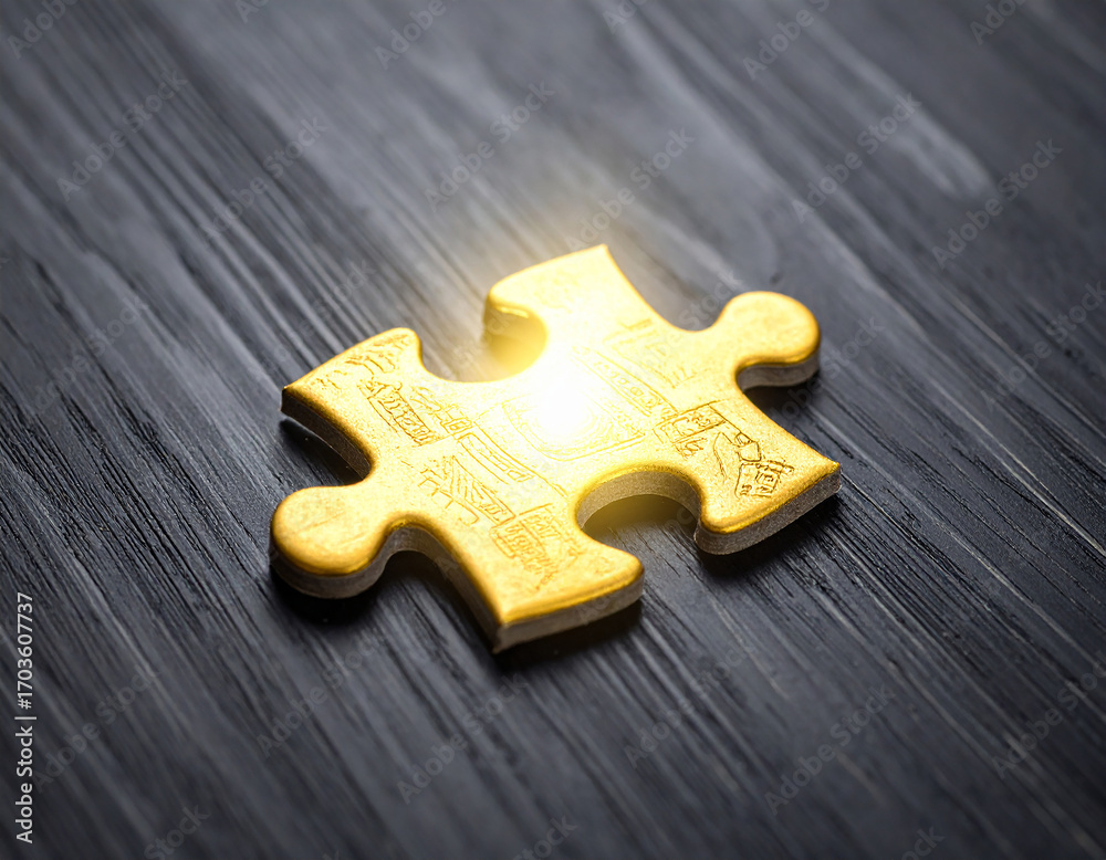 Fototapeta premium Golden puzzle piece illuminated on dark wood surface texture