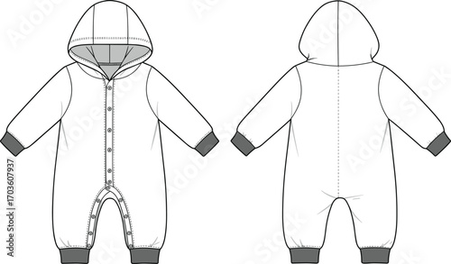 Baby hooded jumpsuit technical sketch, front and back view, zipper closure, ribbed cuffs, cad drawing flat vector illustration