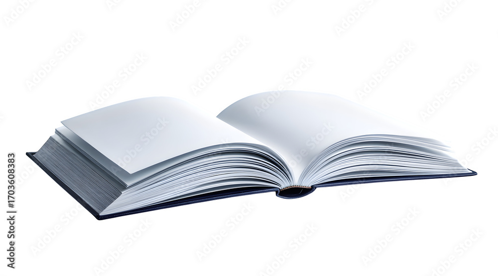 Fototapeta premium An open book with blank pages displayed against a white background in a studio setting view
