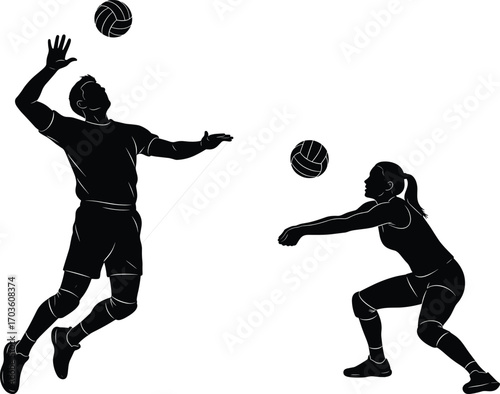 Silhouette of Male Volleyball Player Jumping to Serve and Female Player Preparing to Receive Ball, Sport Vector Illustration
