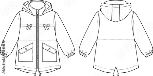 Hooded parka jacket technical sketch, front and back view, flap pockets, elastic cuffs, zipper closure, cad drawing flat vector illustration