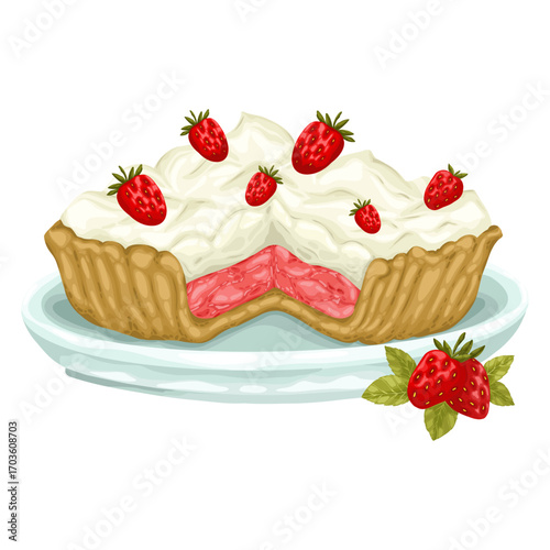 A delectable hand-drawn vector illustration of a strawberry tart with a cut-out slice revealing the filling. The tart is topped with generous dollops of cream and fresh strawberries