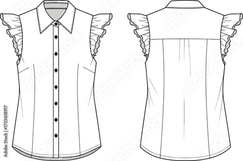 Sleeveless blouse fashion template, ruffle armhole shirt, front back view, technical garment sketch, cad drawing flat vector illustration