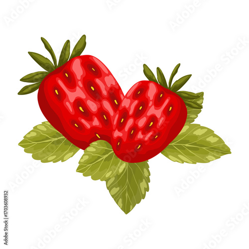 A charming hand-drawn vector illustration of two juicy strawberries with green leaves. This vibrant, textured artwork is perfect for adding a fresh and healthy touch to food packaging, menu designs