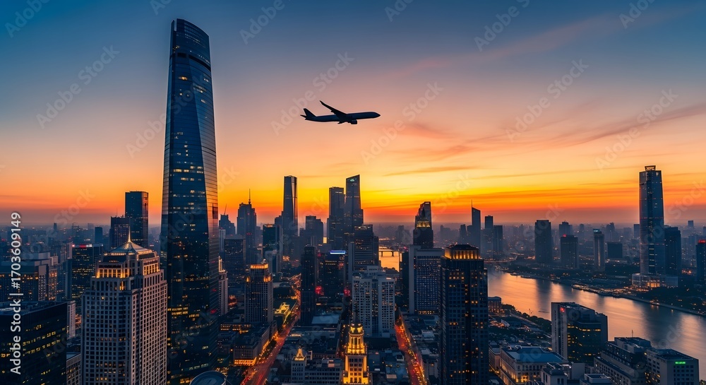 Obraz premium Shanghai Skyline at Sunrise with Airplane.