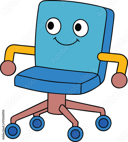 Funny blue office chair with wheels running away joyfully cartoon character vector