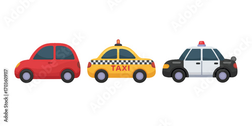 Three cartoon vehicles including a red car a yellow taxi and a police car on a white background transportation