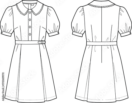 Cad drawing flat vector illustration, puff sleeve dress, Peter Pan collar, front back view, fashion sketch, technical garment design template