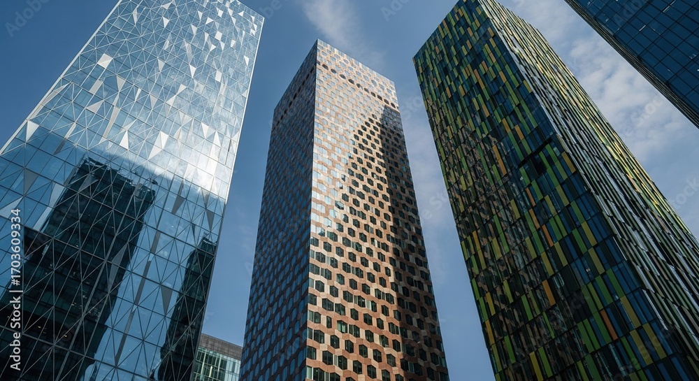 Naklejka premium Three Modern Skyscrapers with Unique Facades Under a Clear Sky