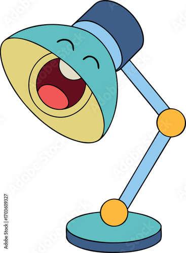 Funny cartoon desk lamp yawning sleepy office appliance cheerful expression joyful lighting equipment funny mood office decor vector