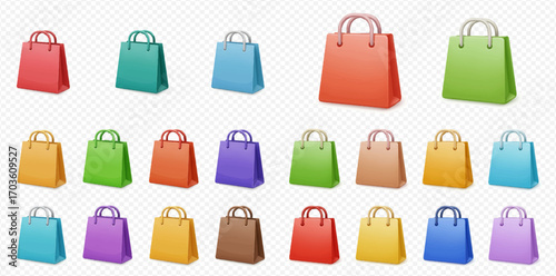 Collection of colorful shopping bags arranged in rows, isolated on a transparent background.