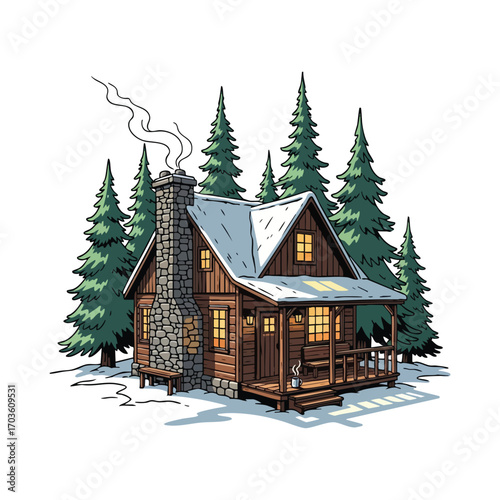 A charming winter scene featuring a cozy cabin nestled among snow-covered trees, perfect for a Christmas holiday card
