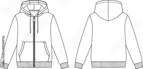 Hooded zip-up jacket technical sketch, front and back view, fashion flat, ribbed cuff hem, apparel design, cad drawing flat vector illustration