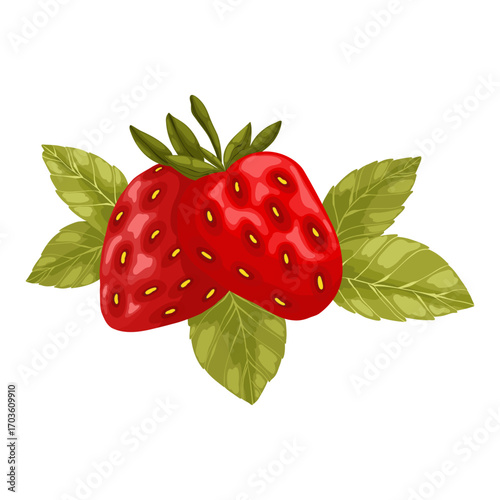 A charming hand-drawn vector illustration of two juicy strawberries with green leaves. This vibrant, textured artwork is perfect for adding a fresh and healthy touch to food packaging, menu designs