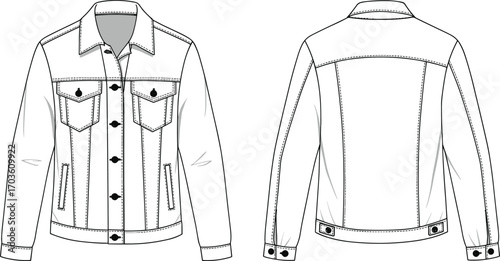 Cad drawing flat vector illustration, denim jacket technical sketch front back view, fashion garment template, apparel design, clothing blueprint