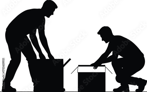 Silhouettes of Two Men Opening Cardboard Boxes, Standing and Squatting Positions, Packaging or Unpacking Vector Illustration on White Background
