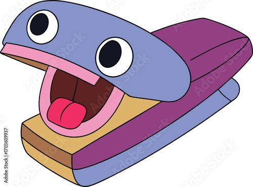 Funny cartoon office stapler character yawning wide open expressing tiredness humorously vector